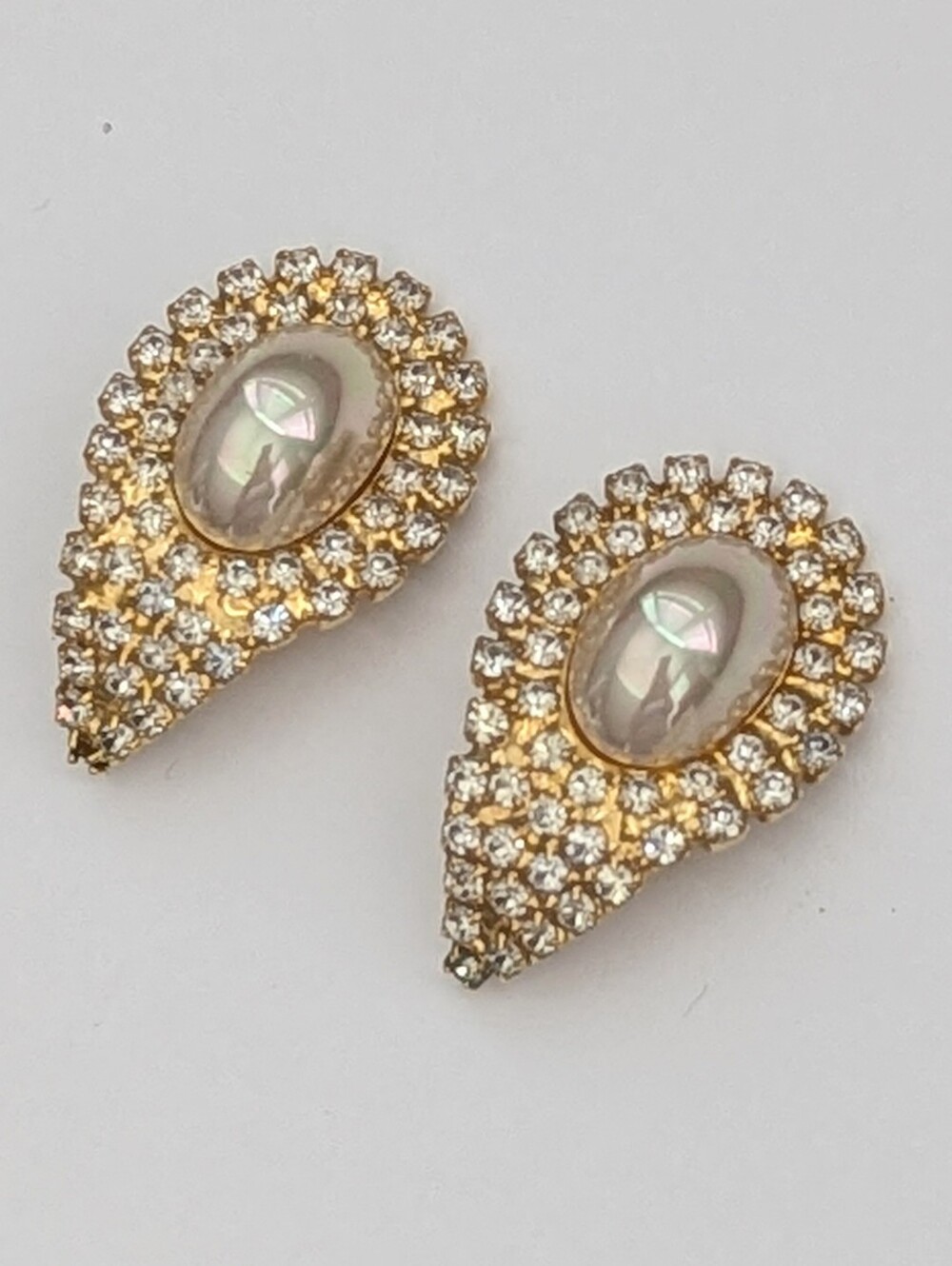 Gold-Tone Faux-Pearl Teardrop Crystal Cabochon Clip-On Earrings